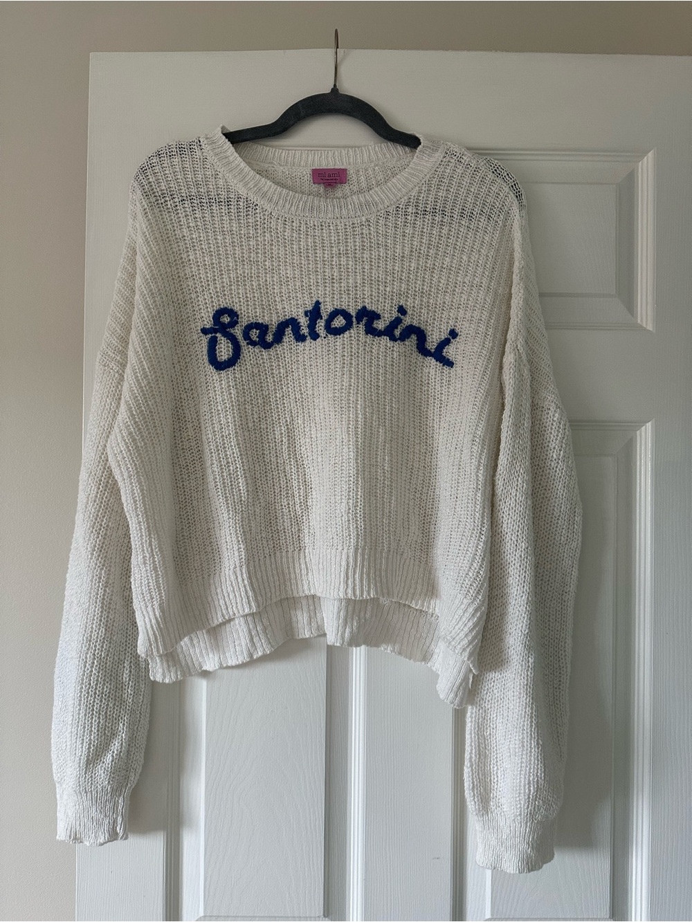 miami White Knit Crewneck Sweater with Blue Script
